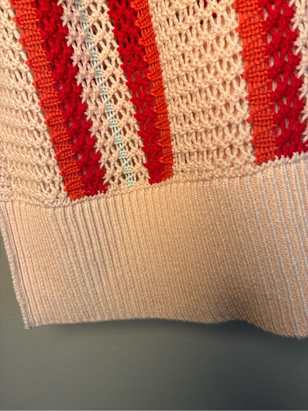 V-Neck Open-Knit Sweater in Cream and Red - Picture 5 of 8